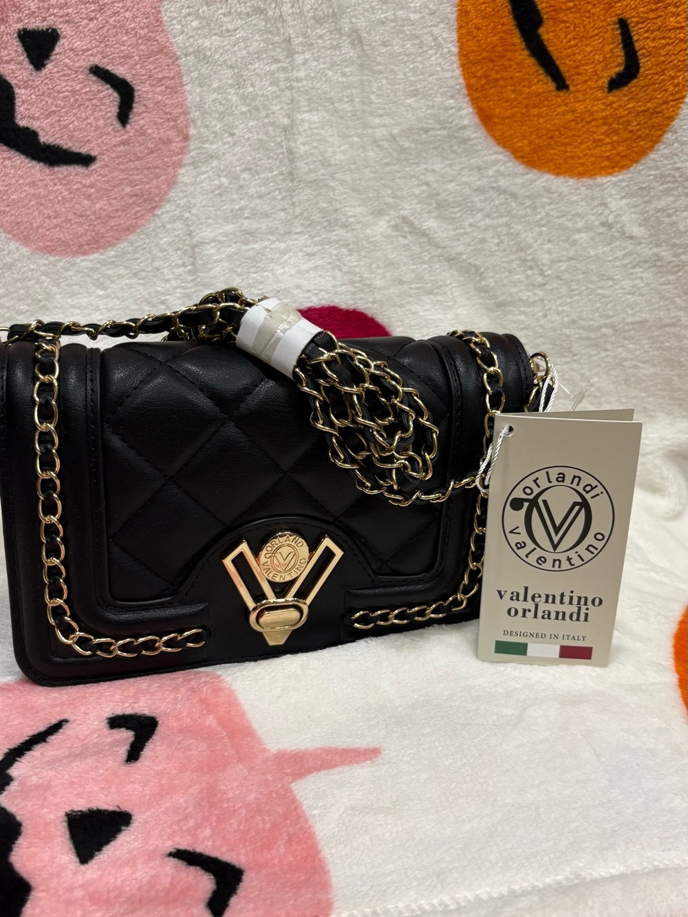Valentino Orlandi Black Quilted Shoulder Bag with Gold Hardware